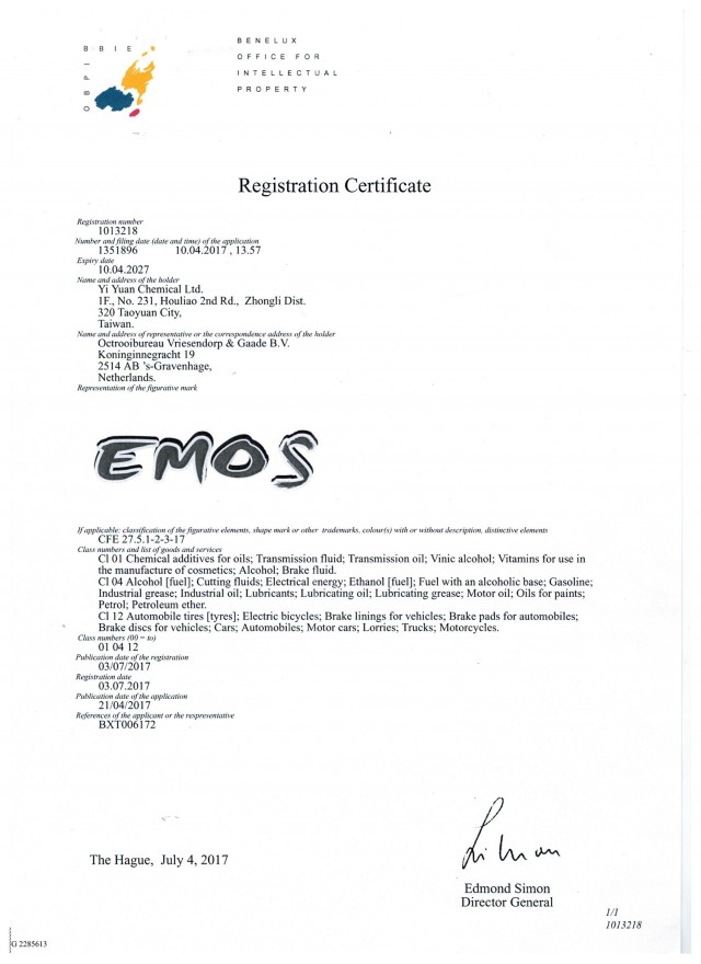 Netherlands, Belgium, Luxembourg registration certificate